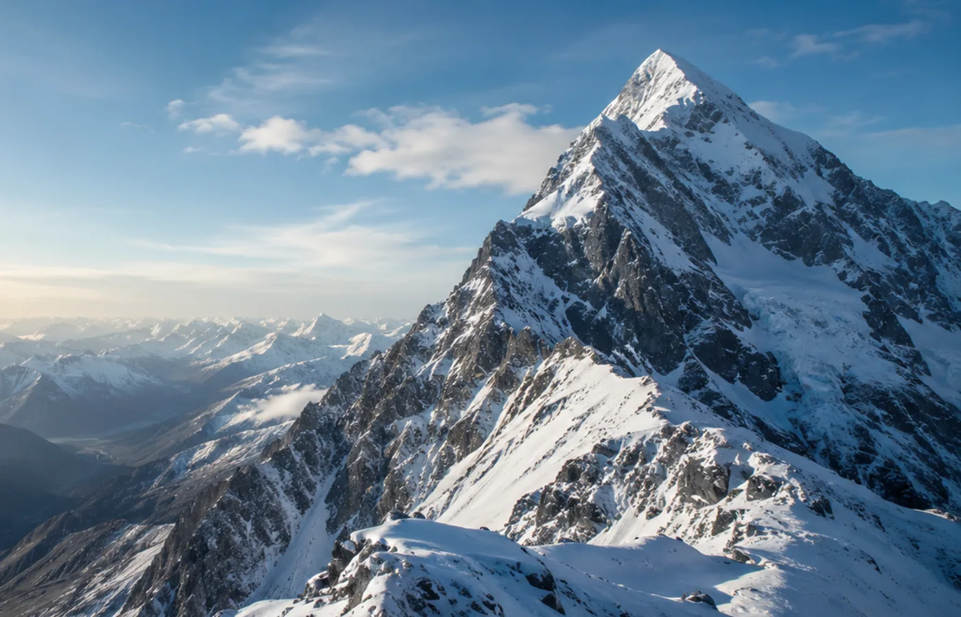 Snow-covered alpine ridge rising toward a summit